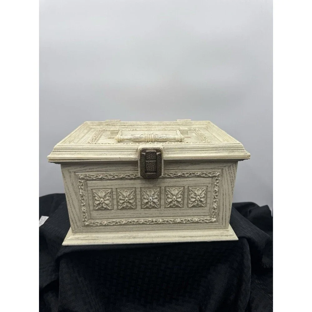 VINTAGE 1960s MAX KLEIN SEWING BOX - FAUX WOODGRAIN PLASTIC, CREAM